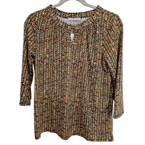 Notations Womens Blouse 3/4 Sleeve Abstract Yellow Keyhole Embellished Sz M NWT